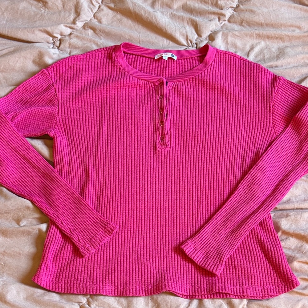 Sundry Waffle knit Long Sleeve Top - Bright Pink - Picture 2 of 5